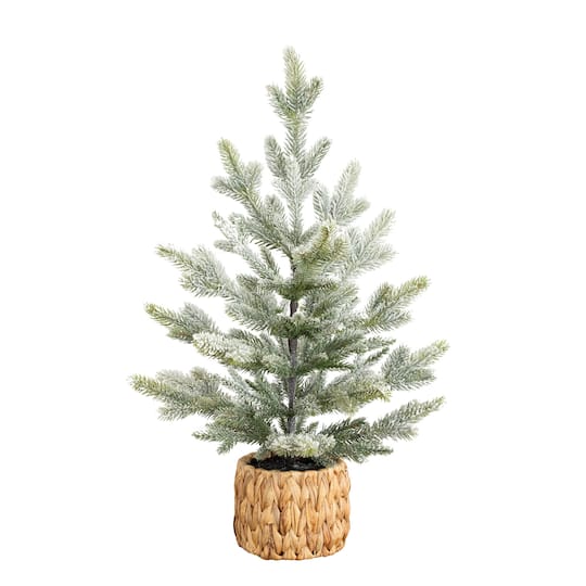 Nearly Natural 26" Unlit Artificial Flocked Fir Christmas Tree in Woven Basket in Green | 26″ | Michaels®